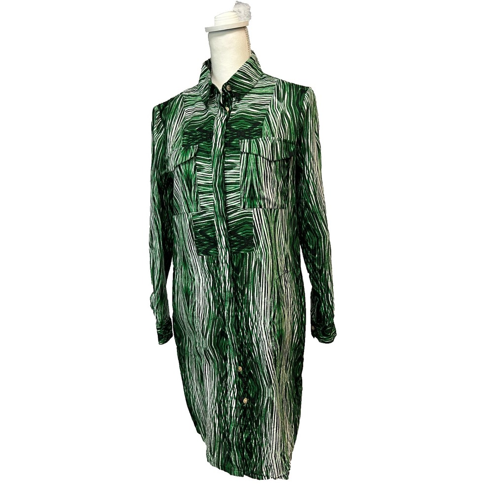 Derik Lam Design Nation Shirt Dress Green Woodgrain Print Long Cuff Sleeves M